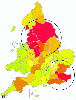 Distribution Map and Table for the surname Wood based on 1841 census of English Counties using your-family-history.com