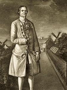 Painting of a man standing on a footbridge with a windmill in the background, He is about 6 foot tall, slender, and wears a colonial suit that reaches to his knees. He wears white stockings.