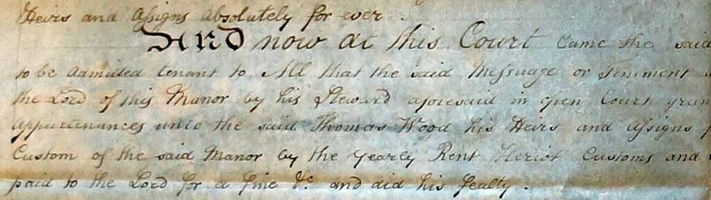 Image is cropped portion of a property deed that shows Thomas Wood in 1795 became the "admitted tenant" of the Black Horse pub.