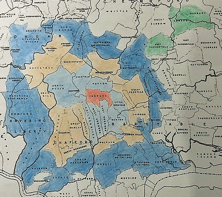 A map showing rings of parishes around the seats of Lord Petre