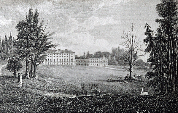 Sketch of Thorndon Park, 1818., including the grand hall, a couple walking a trail, deer, a swan and landscaping. The architecture of the hall is Palladian.