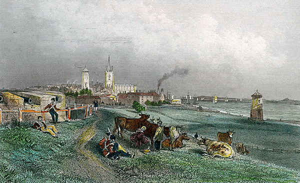 Harwich was a port town, which could berth large ships. The painting depicts Harwich in the background, dominated by the tower of its church, In the foreground is a beach, with soldiers and cattle. The beach running toward town leads to the harbor.