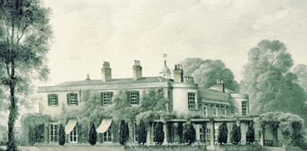 Pilgrim Hall has three chimneys, a cupola with a bell, an two waterloo Bows which are two round protrusions at each corner. The length of the house is four columns of windows and the front of the house is three columns of windows plus the two Waterloo Bows. A pergola with vines runs extends the left wall of the house creating a border for the front yard.