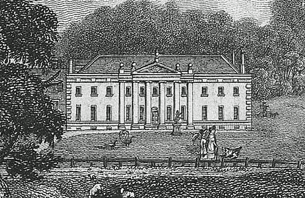 Sketch of Weald Hall in 1818. Two story house with eleven columns of windows wide. The hall has a hip roof with a portico entry supported by six columns that may be Doric.