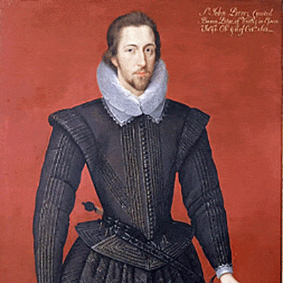 Portrait of Baron Petre who was knighted by Queen Elizabeth I in 1576. He is standing, has a trimmed goatee and dressed in Elizabethan clothes.