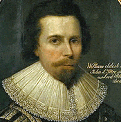 Portrait of William Petre. He has an angular face with a bushy goatee. He a a ruffled collar tight around his neck.