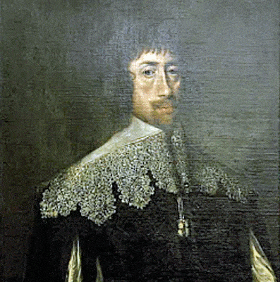 Portrait of Robert Peter. He has a dour face with bags under his eyes. He wears a wig, has a goatee, and wears a shoulder collar that drapes down to the top of his chest.