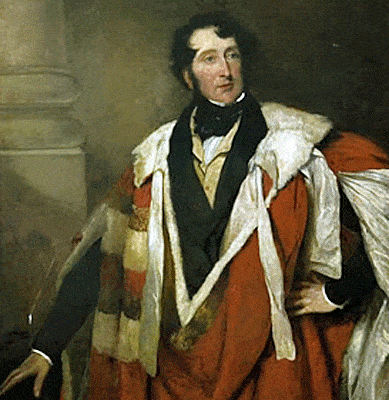 Portrait of William Petre dressed in Victorian robes. His hair is swirled on his forehead, He appear affable.