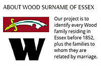 Logo with caption: Our project is to identify every Wood family residing in Essex before 1852, plus the families to whom they are related by marriage.