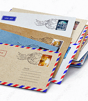 A bundle of letters with postmarks used as a theme for the "Contact us" page