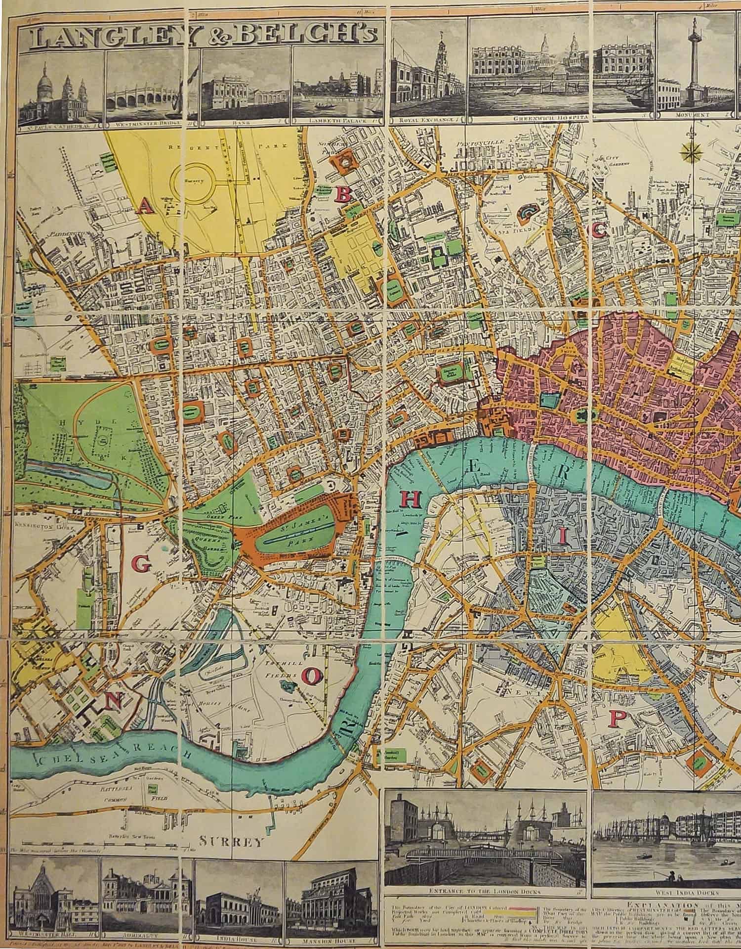 Side A 1500 wide of 1812 map of London. Main streets are colored. Sketches of famous locations form a ribbon at the bottom of the map.