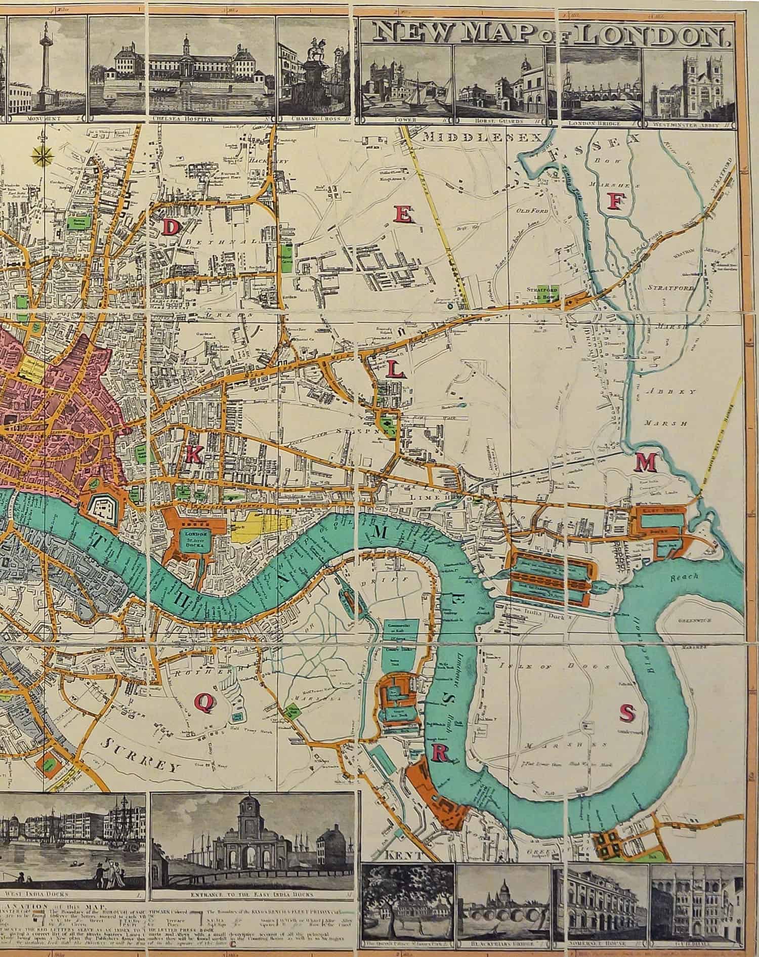 Side B 1500 wide of 1812 map of London. Main streets are colored. Sketches of famous locations form a ribbon at the bottom of the map.