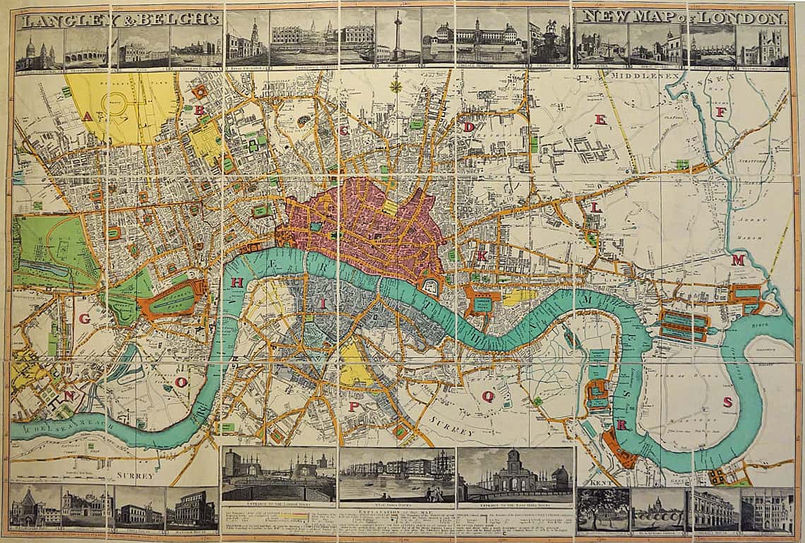 1812 map of London. On the page are three sections. The full map is published at the top of the page. Below are halves, which are enlarged to show more detail.