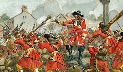 A scene of a battle between English and Scottish forces using swords, pistols, and muskets.