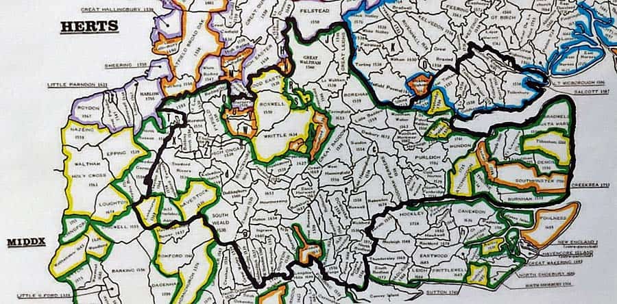 Map with outline of three contiguous Registration Districts including Billericay, Chelmsford, Maldon, and Ongar.