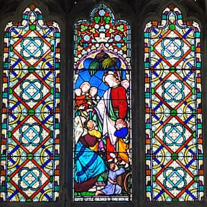 Stained glass window depicting Jesus and Little Children in St Andrews parish church, Willingale Doe, but formerly the parish church of Willingale Spain.