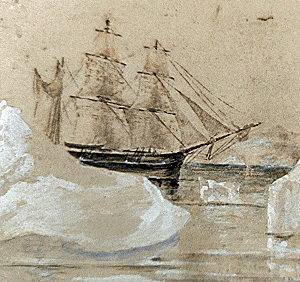 Drawing of the HMS Enterprise in artic waters during the Franklin expedition. Joseph Wood of Maldon was part of the expedition. Image used on registration form to denote benefits of joining