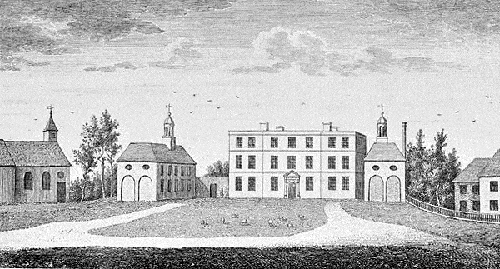 Kelvedon Hall was occupied by the Wright family for 300 years. The Wrights were Catholics. The Hall is a three story box with three rows and eight columns of window. clustered around the hall are carriages houses, farm buildings and a church.