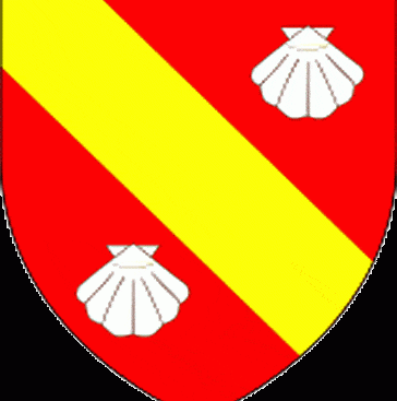 The shield of Lord Petre has a wide yellow stripe running diagonally. The stripe separates two red sections, each with an identical clam shell.