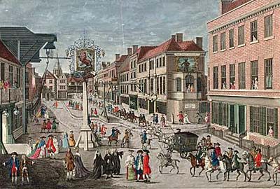 Drawing depicting the Day of Entrance. A long procession of official on horses and in carriages parading down the main street of Chelmsford in 1762.