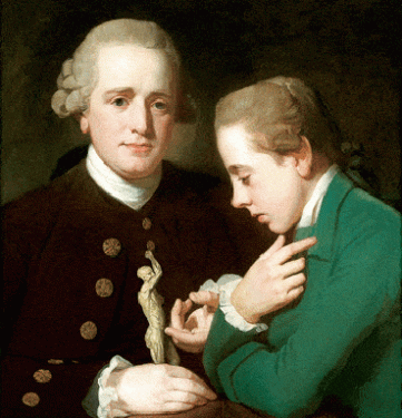 Portrait of George Petre and his son. George wears a wig and is clean shaven. He wear colonial period clothes. George has a pleasant face.