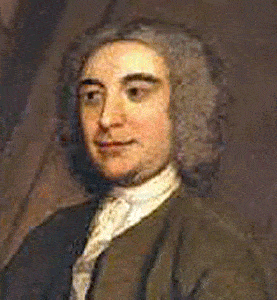 Portrait of John Wood. He has dark eyes and an angular face. He wears a wig and a white scarf collar.