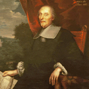 Portrait of William Petre. He is sitting with papers lowered in his right hand, He has thinning hair and is dressed in puritan style clothes.