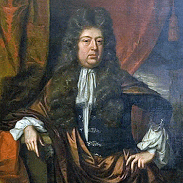 Portrait of Thomas Petre who was a plump man with a thick neck and a head too large for his shoulders. He wears a wig. His left hand is on his hips in a defiant pose.